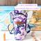 The front of a purple water bottle bag is displayed with a cell phone, money and chap stick, while the bag is holds a 40 oz Stanley tumbler.